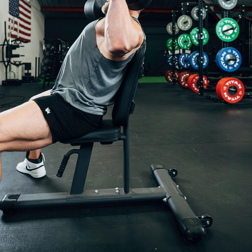 Titan Fitness Seated Stationary Bench, Rated 330 LB, Ergonomic Angled Back, Comfortable HeftyGrip Padding, Front Handle, Rear Wheels for Easy Transport, Utility Upright Weight Bench