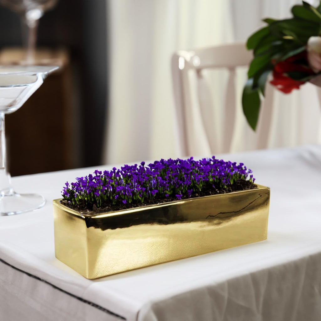 WGVI Long Rectangle Ceramic Planter Vase in Gold 12' x 4' x 4'H, Block Rectangular Terrarium Box Pot, Flower Arrangement, Table top Centerpiece, Home Decor Organization Storage Container, 6 Pcs.