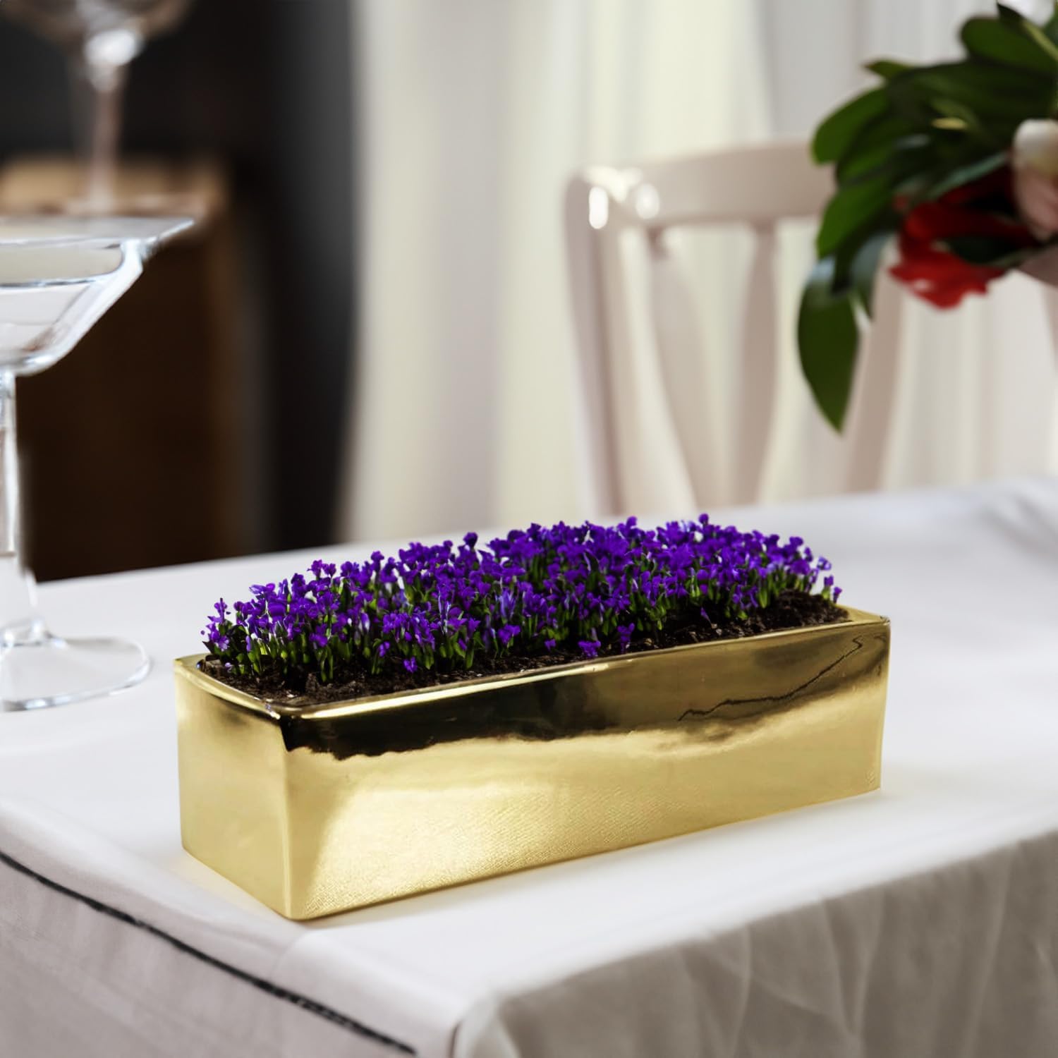 WGVI Long Rectangle Ceramic Planter Vase in Gold 12' x 4' x 4'H, Block Rectangular Terrarium Box Pot, Flower Arrangement, Table top Centerpiece, Home Decor Organization Storage Container, 6 Pcs.