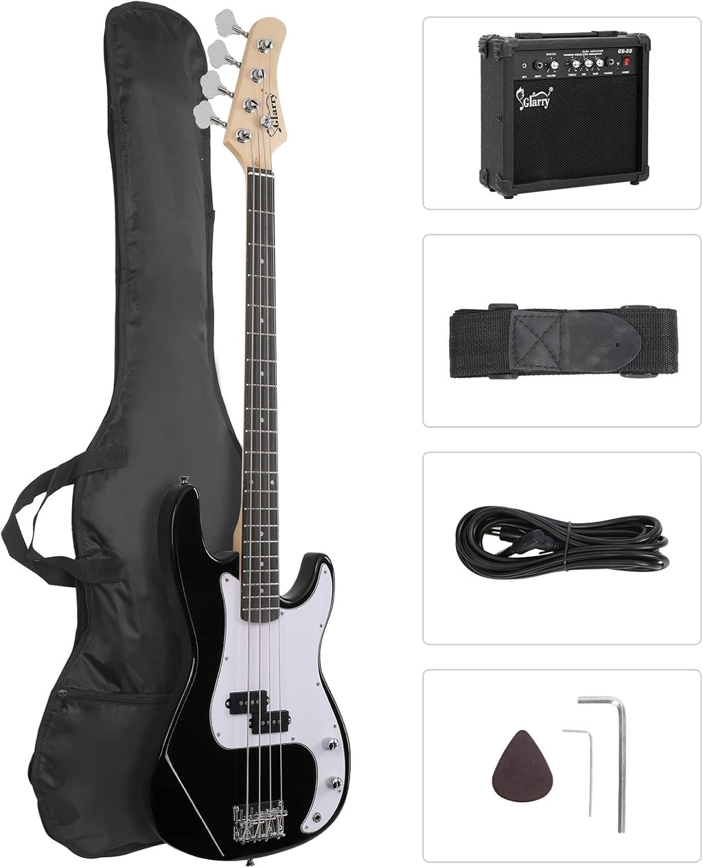 GLARRY Full Size Electric Bass Guitar Beginner Kit 4 String Exquisite Basswood Bass with 20W AMP, Cable, Strap, Bag and Accessories (Black, 39'Right Handed)