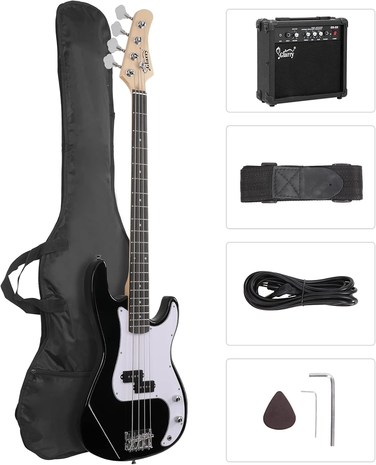 GLARRY Full Size Electric Bass Guitar Beginner Kit 4 String Exquisite Basswood Bass with 20W AMP, Cable, Strap, Bag and Accessories (Black, 39'Right Handed)