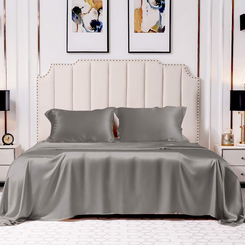 THXSILK 4pcs Silk Bed Sheets Set, 100% Long Stranded 25 Momme Mulberry Silk Bedding Set, Sheets and Pillowcase Set, Extremely Soft and Luxurious (Charcoal, Queen)