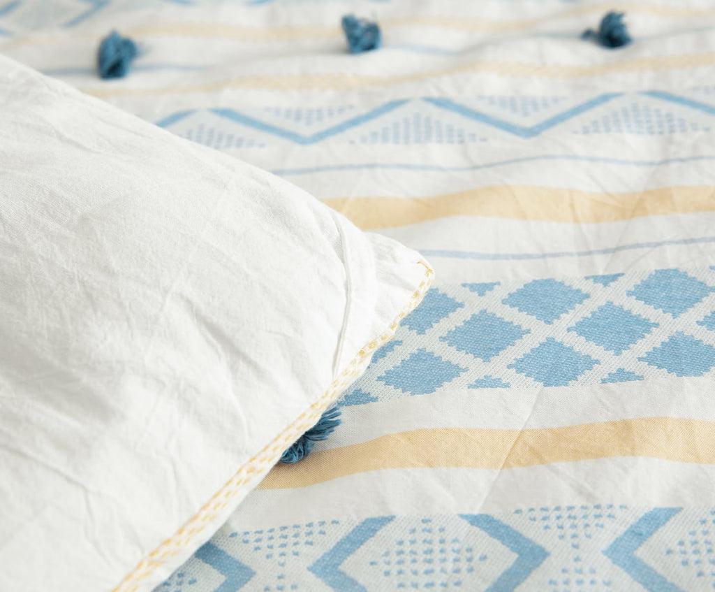 SLEEPBELLA Washed Double Layer Muslin 100% Cotton Comforter Set King Size, Yellow Blue Boho Fluffy Thick Checked Bedding Set, Soft Breathable (1 Comforter, 2 Pillow Shams)
