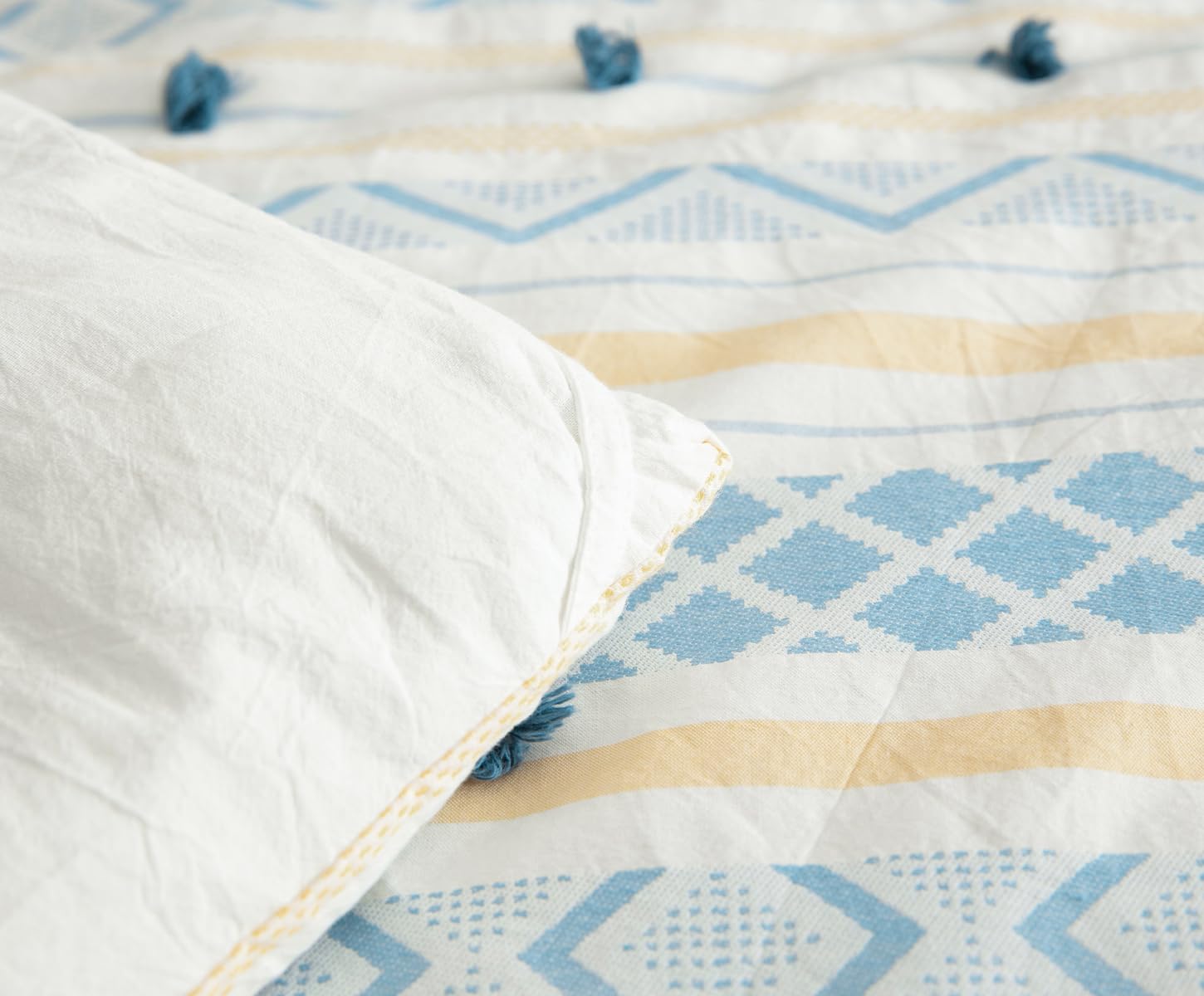 SLEEPBELLA Washed Double Layer Muslin 100% Cotton Comforter Set King Size, Yellow Blue Boho Fluffy Thick Checked Bedding Set, Soft Breathable (1 Comforter, 2 Pillow Shams)