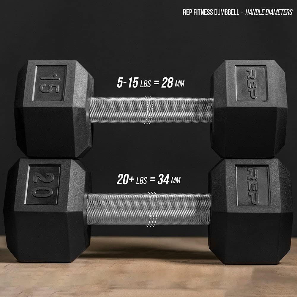 REP FITNESS Dumbbell Set with Bench – 5-50, 5-75 or 5-100 Rubber Hex Dumbbell Set with Either Flat or Adjustable Bench