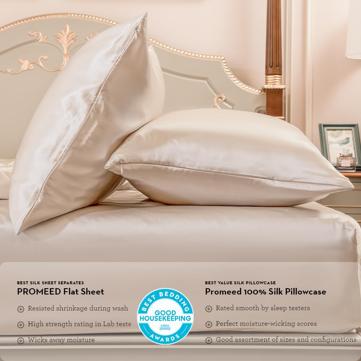PROMEED Natural Silk 3pcs Queen Sheet Set 23 Momme, 100% Real Mulberry Silk Deep Pocket Fitted Sheet and Pillowcase Set for Hair and Skin (Champagne, Queen)