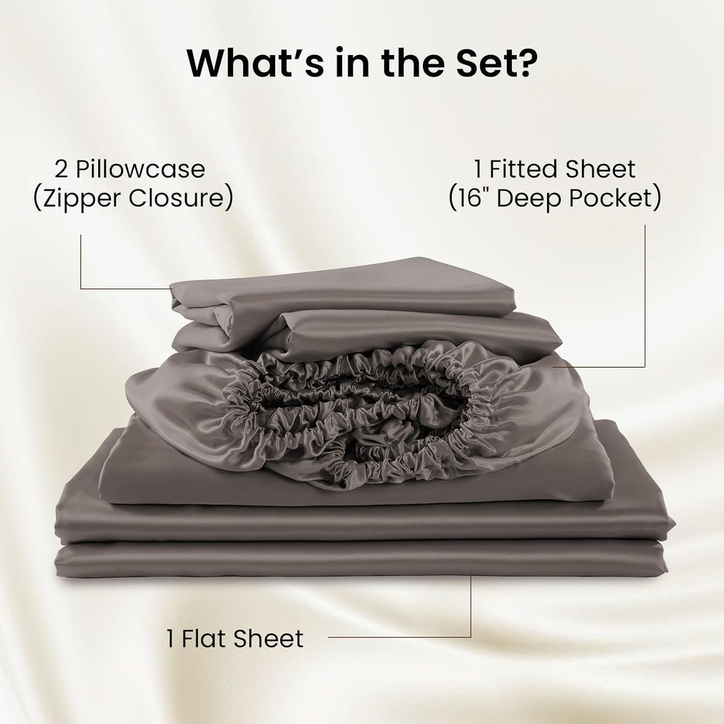 THXSILK Luxury Mulberry Silk Bed Sheets Set - 4pcs Silk Sheets Set 16' Deep Pocket - 1 Fitted Sheet, 1 Flat Sheet, 2 Pillowcases with Zipper Closure - Full, Charcoal
