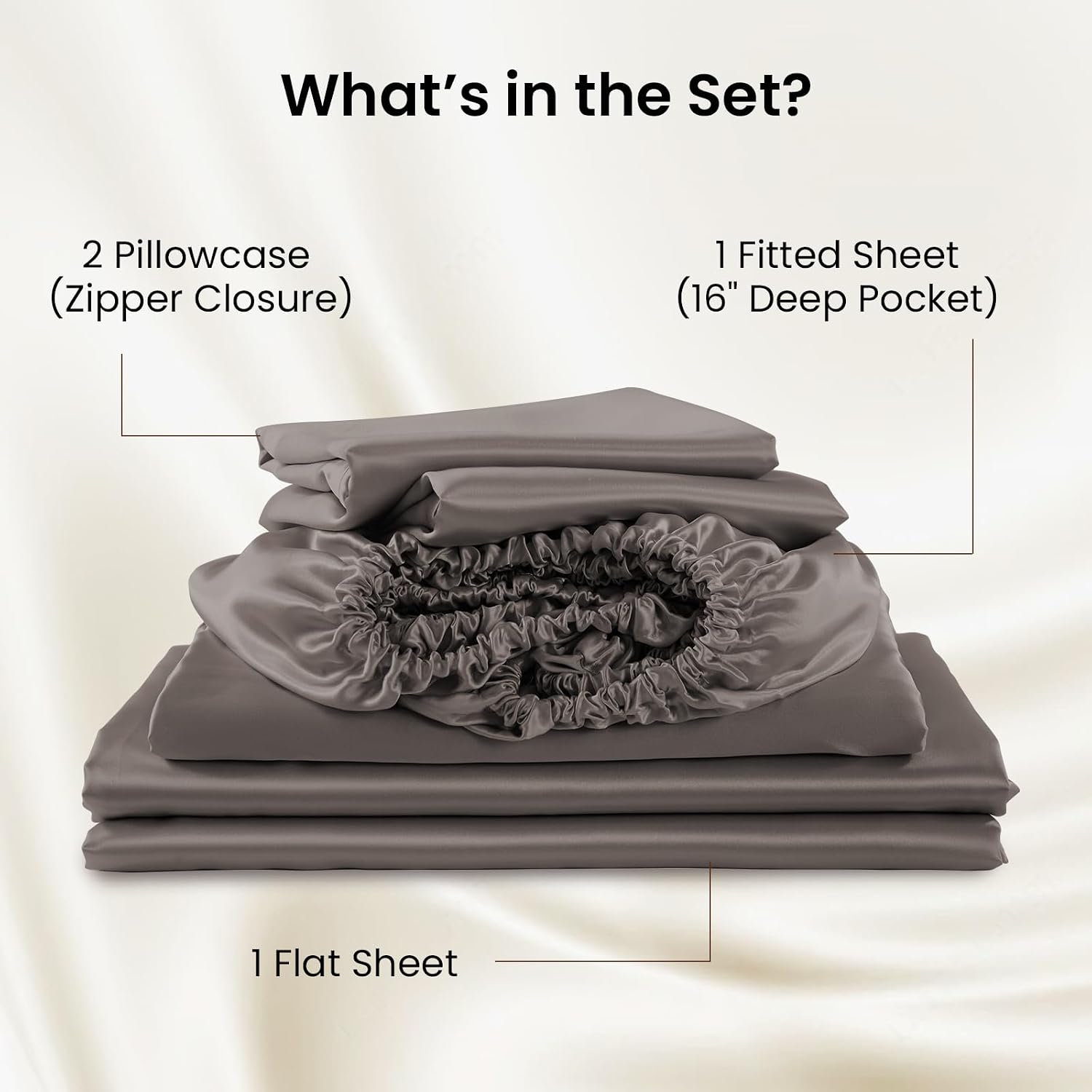 THXSILK Luxury Mulberry Silk Bed Sheets Set - 4pcs Silk Sheets Set 16' Deep Pocket - 1 Fitted Sheet, 1 Flat Sheet, 2 Pillowcases with Zipper Closure - Full, Charcoal