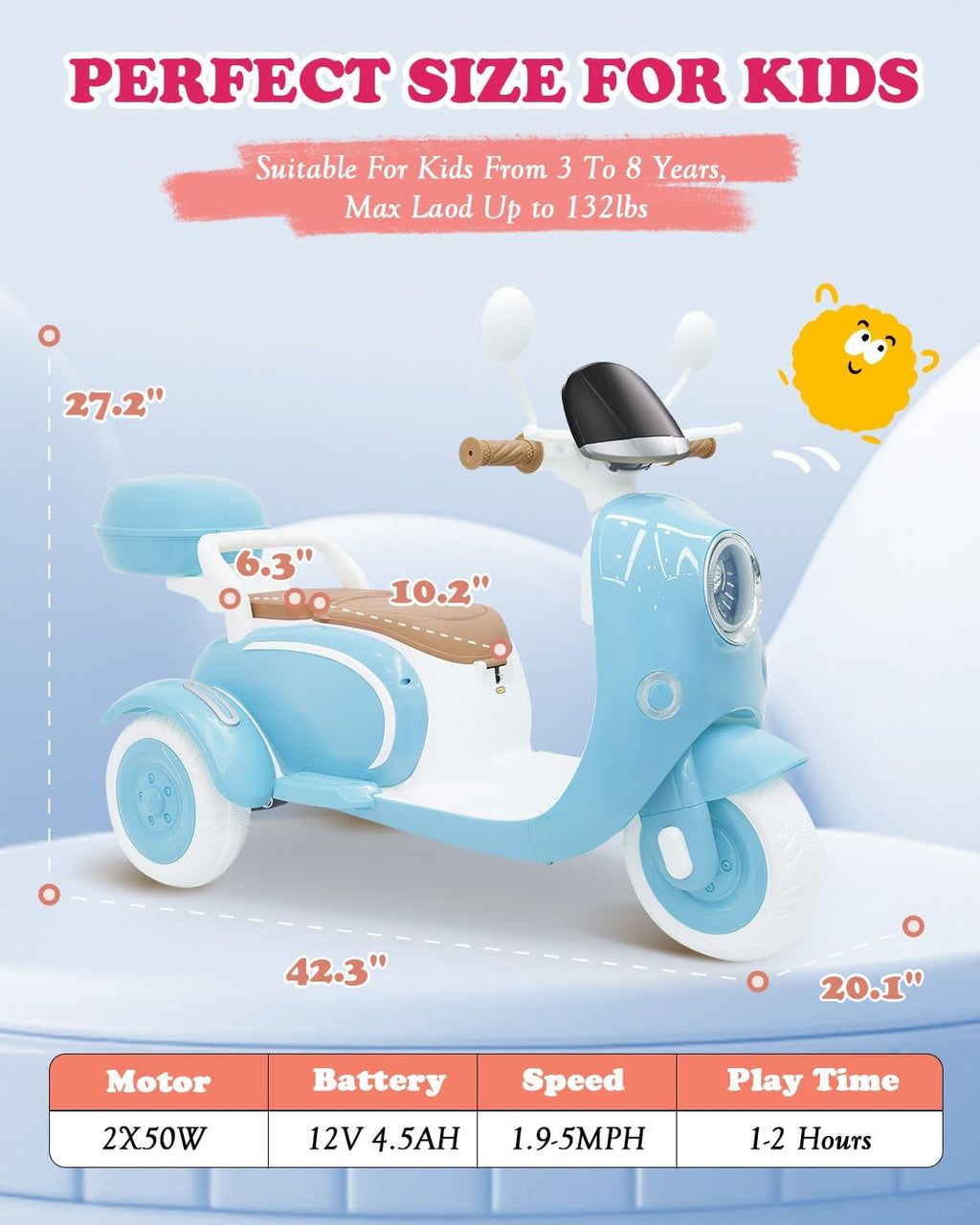 12V 2 Seater Ride on Motorcycle for Kids, Electric Moped Scooter w/Remote Control, Storage Box, Music, LED Light, Horn, 2x50W Motor, Toddler Ride on Toys for Girls Boys, Blue