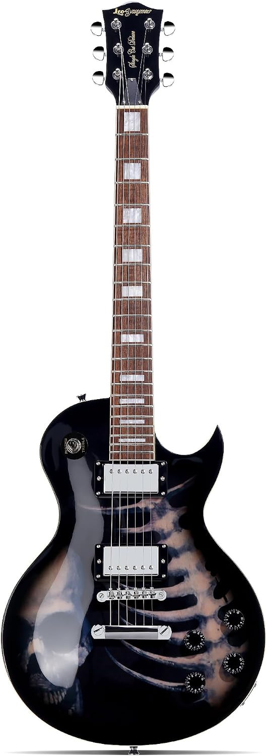 Leo Jaymz SC Series Electric Guitar – Mahogany Body, Laurel Fingerboard, Dual Humbuckers, Tune-O-Matic Bridge, C Neck, 18:1 Tuners (Skull)