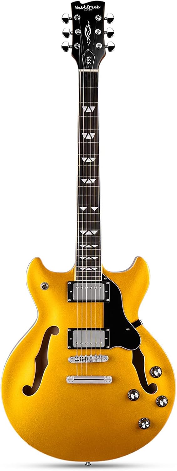 WestCreek 333 Electric Guitar with 6 String, Semi Hollow Body Jazz Electric Guitar, Alnico Humbucker Pickups, Roosewood Fingerboard, Rounded End Jumbo Frets, Full (Gold)