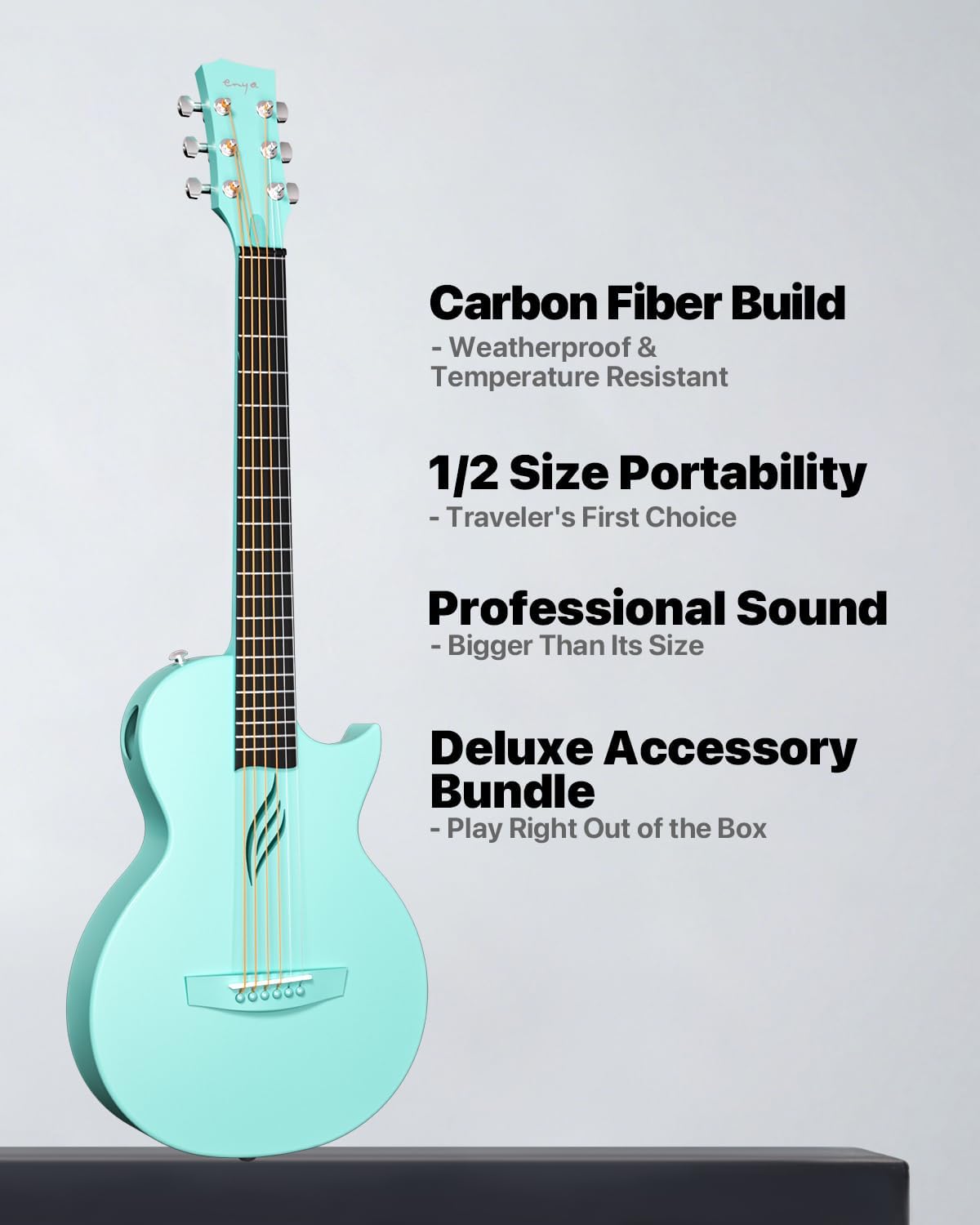 Enya Nova Go Carbon Fiber Acoustic Guitar 1/2 Size Beginner Adult Travel Acustica Guitarra w/Starter Bundle Kit of Colorful Gift Packaging, Acoustic Guitar Strap, Gig Bag, Cleaning Cloth(Blue)