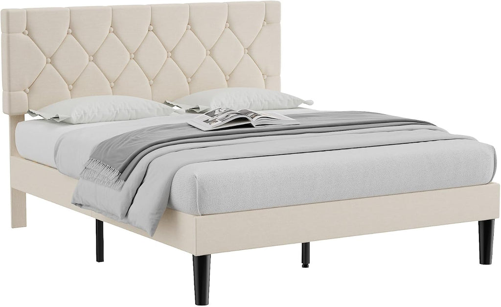VECELO Full Size Bed Frame with Button Tufted Headboard, Upholstered Platform with Wooden Slat Support, No Box Spring Needed, Cream Beige