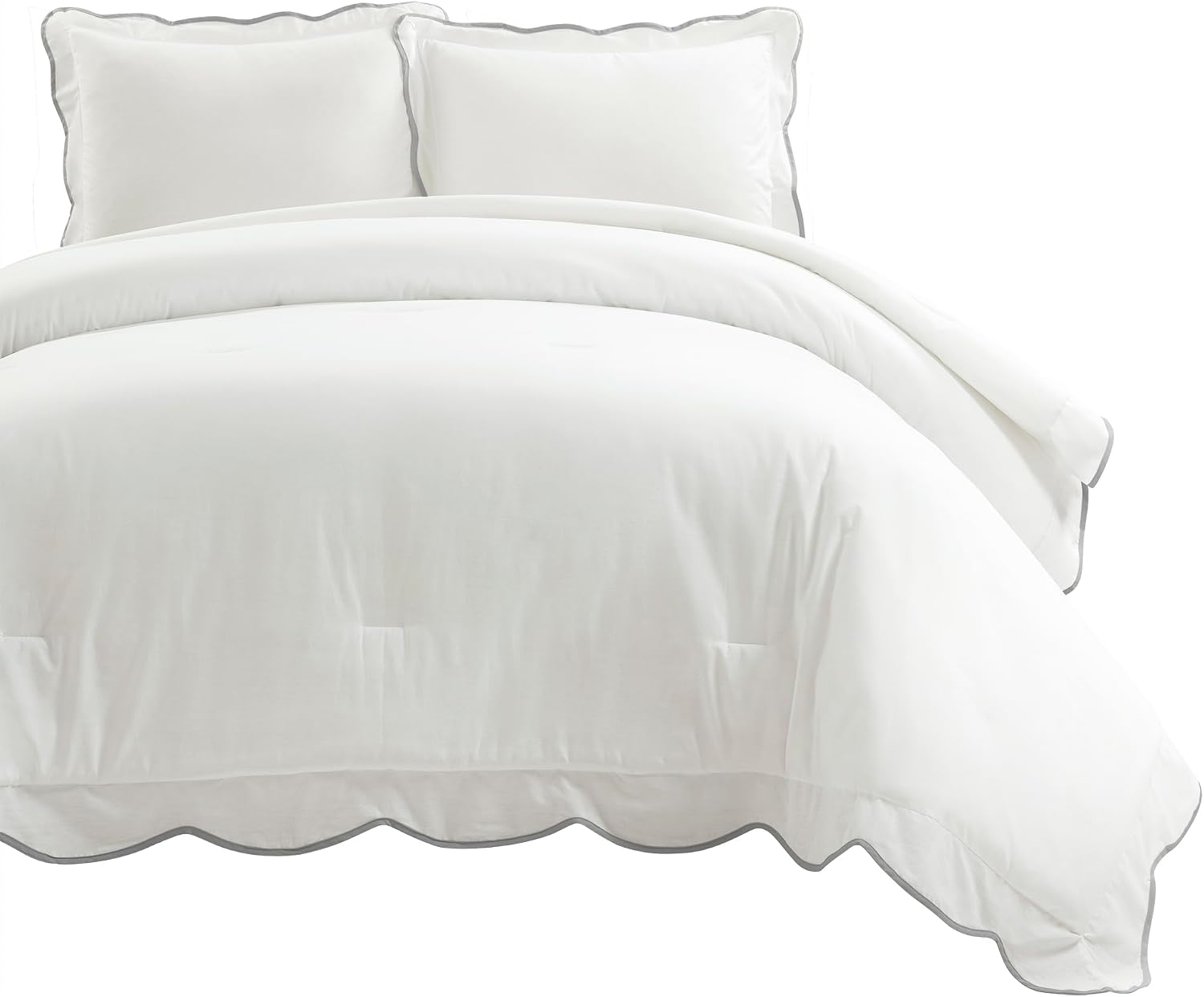 Lush Decor Coastal Chic Scalloped Edge Comforter Set, 3 Piece Set King/California King, Gray & White - King Bedding Set - White Comforter King Size - Coastal Decor