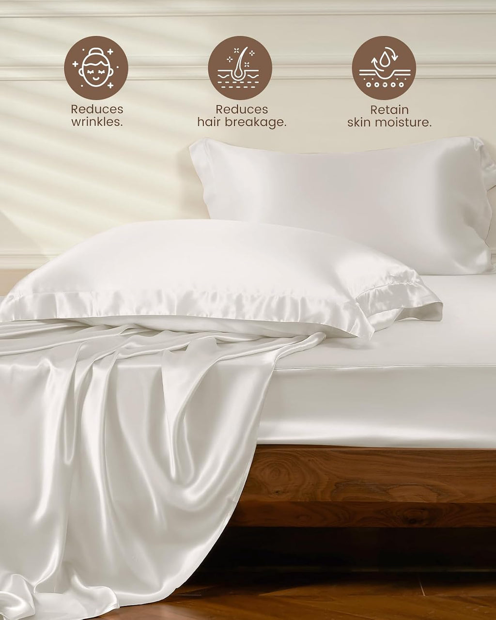THXSILK 4pcs Silk Bed Sheets Set, 100% Long Stranded 25 Momme Mulberry Silk Bedding Set, Sheets and Pillowcase Set, Extremely Soft and Luxurious (White, King)
