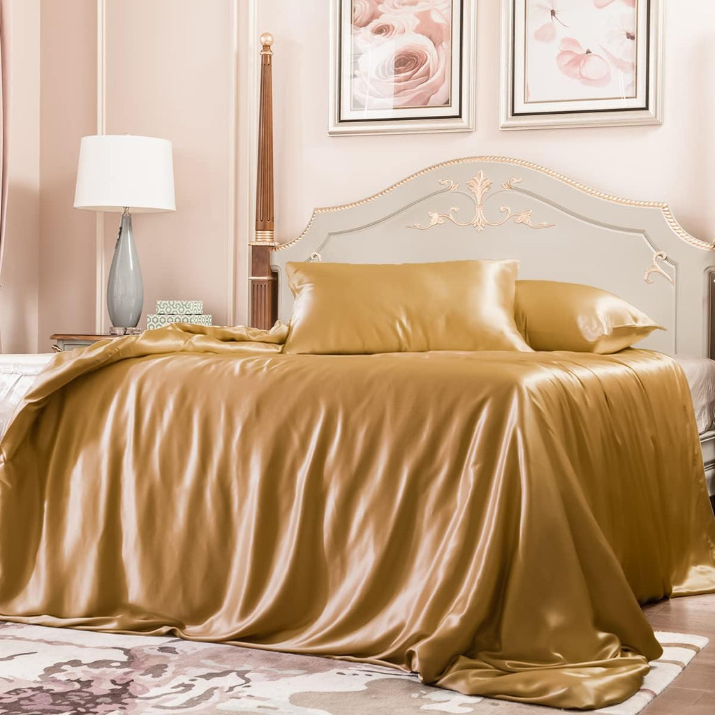 PROMEED 100% Mulberry Silk Duvet Cover Set 3PCS Full Size, Real 23 Momme Grade 6A Silk Bedding Set with Duvet Cover and Pillowcases (Gold, Full)