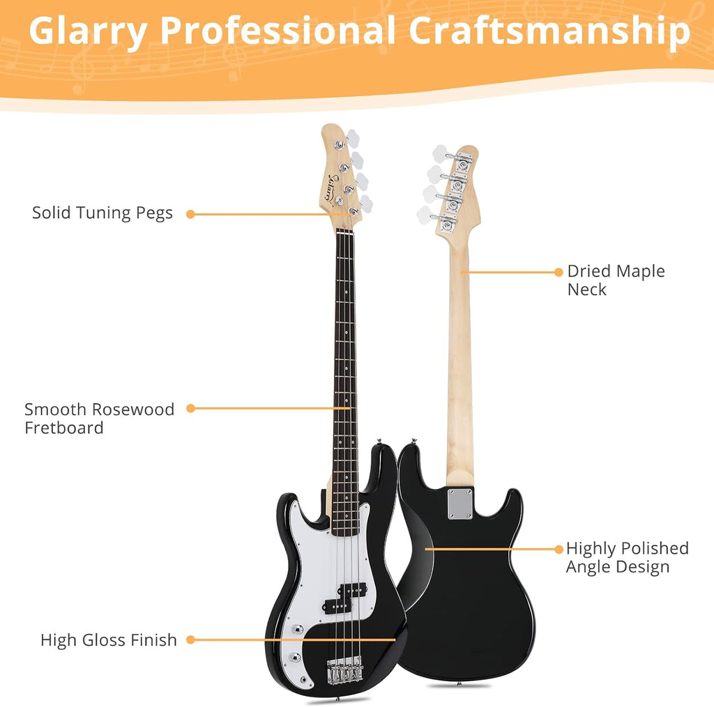 GLARRY Left Hand 4 String Electric Bass Guitar for Beginner Full Size Kit with Cable, Strap, Bag and Accessories (Black)