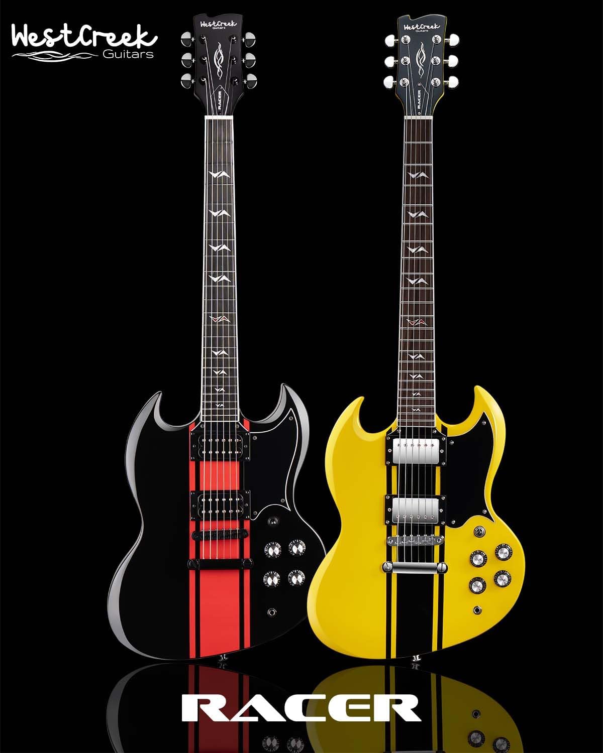 WestCreek RACER Solid Body Electric Guitar, SG guitar, Rounded End Frets, Bone nut, Rosewood Fingerboard, Mahogany Body (Black-Red Stripe)