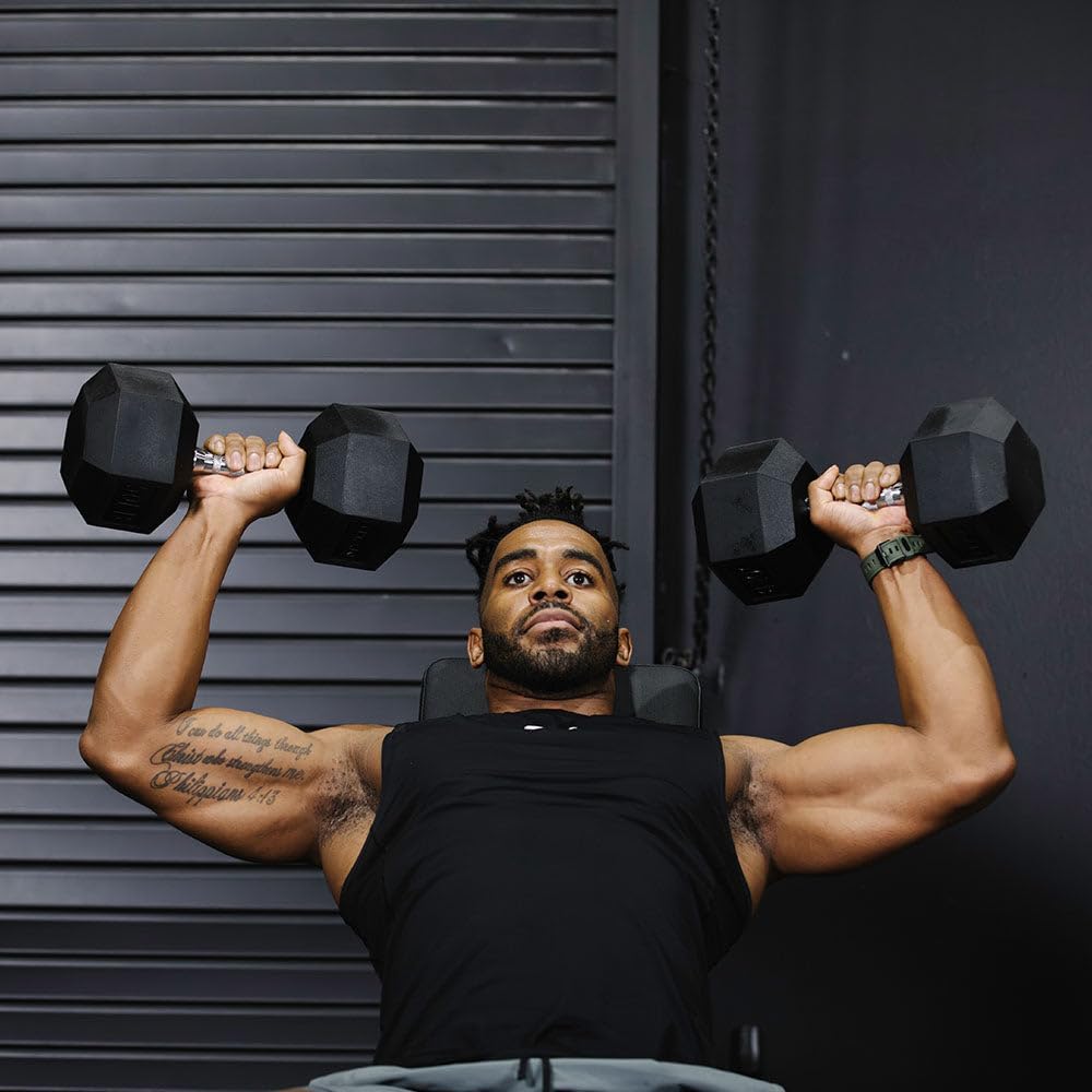 Titan Fitness Rubber Hex Dumbbells, 5 LB-50 LB Set of Pairs, Roll-Resistant Hexagonal Free Weights, Hex Dumbbell set with Chrome-Coated Handles, Free Weight Set, Strength Training Equipment