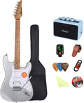 Electric Guitar Kit -39in Solid Body Starter Guitar Kit with Metallic finish, Guitar Case, Amplifier Gig Bag, Strings, Strap, Cable, Picks M100S (Silver)