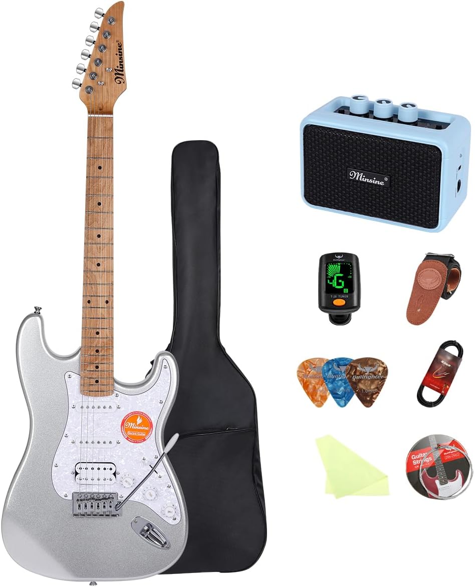 Electric Guitar Kit -39in Solid Body Starter Guitar Kit with Metallic finish, Guitar Case, Amplifier Gig Bag, Strings, Strap, Cable, Picks M100S (Silver)