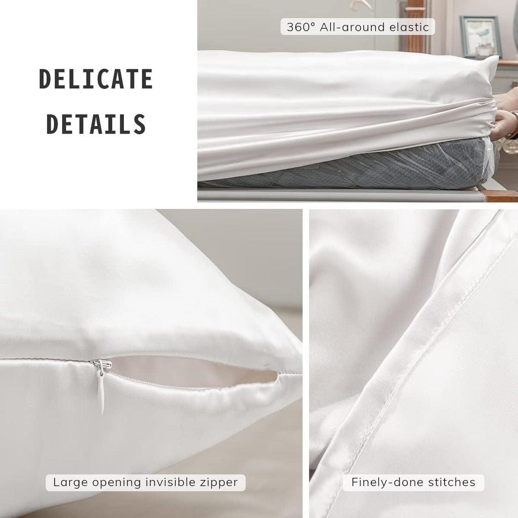 PROMEED 100% Mulberry Silk Sheets Set - 4 PCS, 23 Momme Silk Bedding Set with Flat Sheet, Fitted Sheet and Pillowcases (White, King)