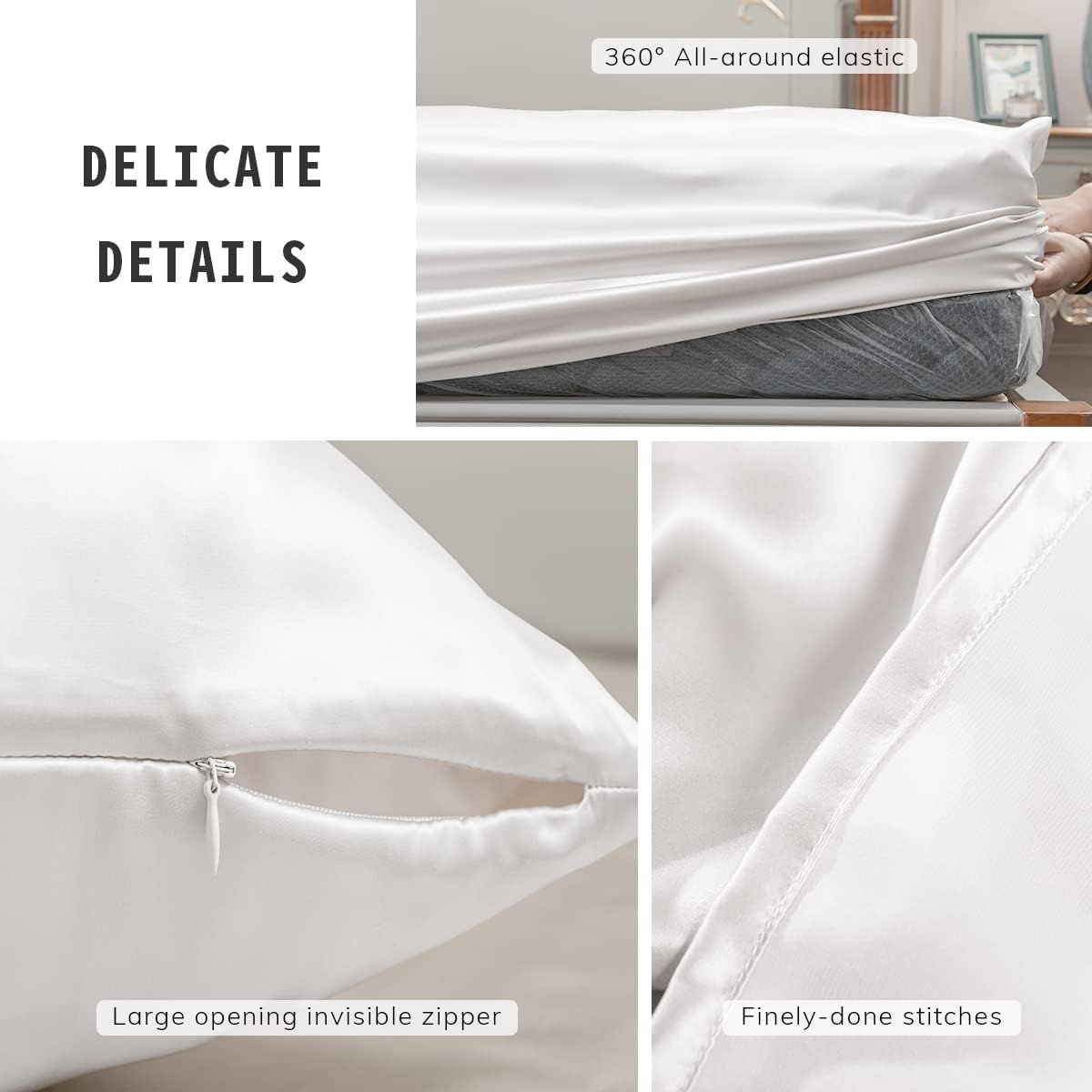 PROMEED 100% Mulberry Silk Sheets Set - 4 PCS, 23 Momme Silk Bedding Set with Flat Sheet, Fitted Sheet and Pillowcases (White, King)