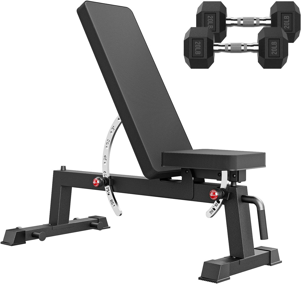 PAPABABE Adjustable Weight Bench with Weight Set, Heavy-Duty Workout Bench with Two-Way Angle Adjustment, Comfortable Extended & Easy-to-Clean Backrest, Transport Wheels & Easy Mobility for Home Gym