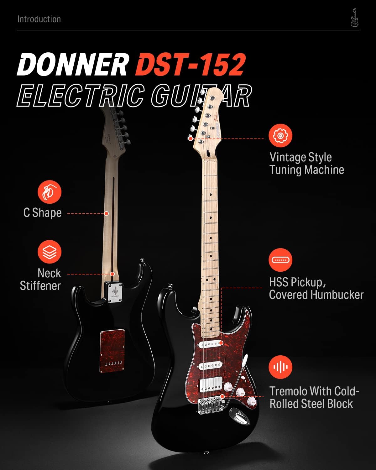 Donner, DST-152B 39' Electric Guitar Kit HSS Pickup Coil Split with Amp, Bag, Accessories, Black Solid Body Guitarra Electrica