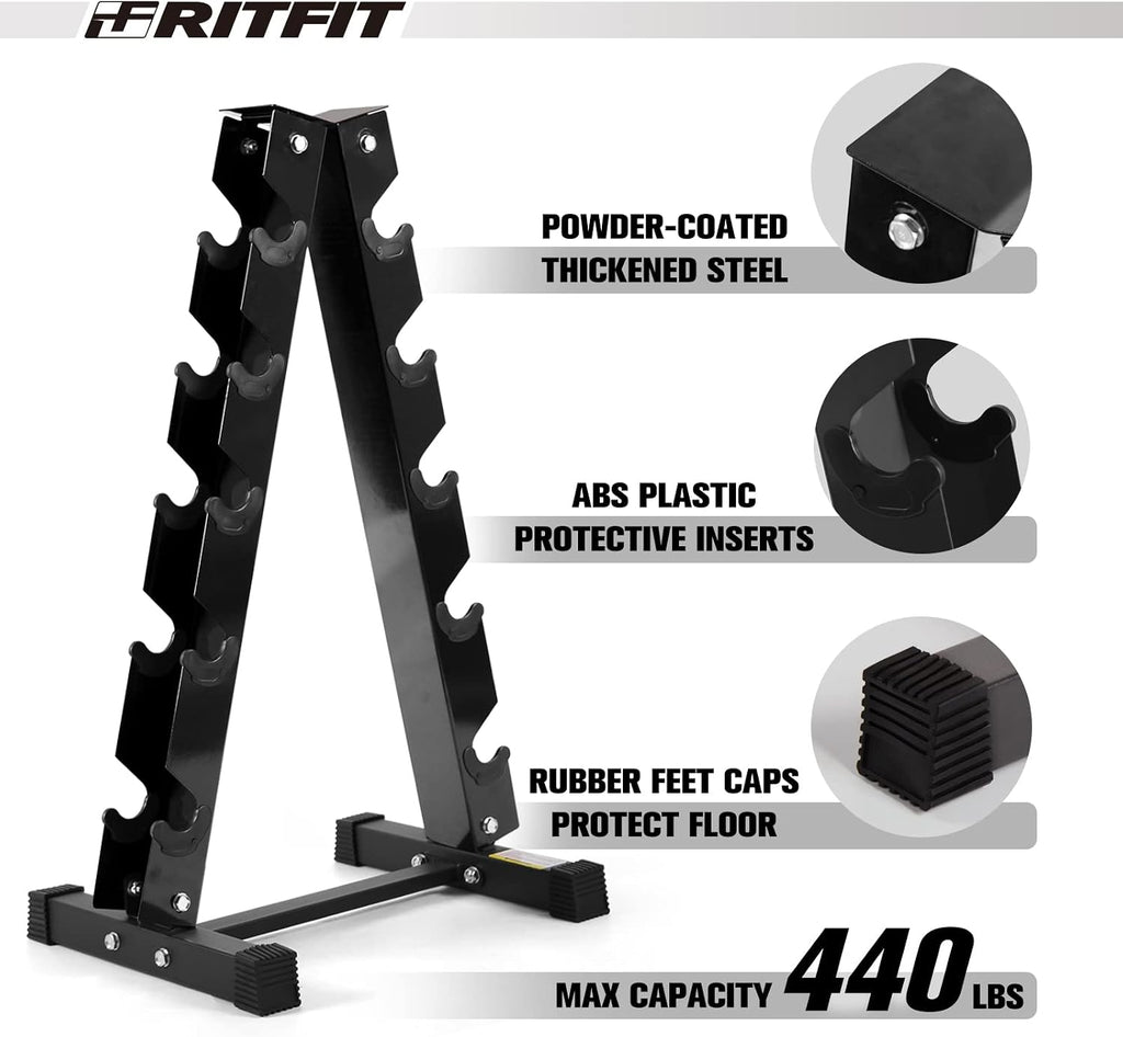 RITFIT Rubber Hex Dumbbells Set with Rack, 180-780LB Heavy-Duty Cast Iron Core, Knurled Chrome Handle, Space-Saving Storage Rack for Home Gym Strength Training