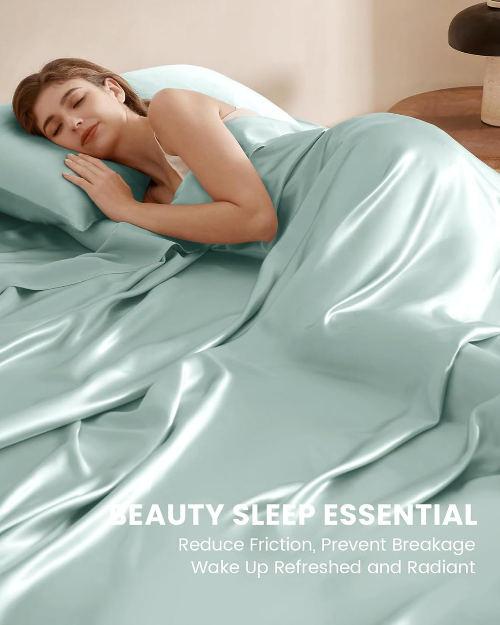 THXSILK Silk Sheet Set 3 Pcs, Twin XL Size Sheet Set, Soft Breathable Cooling Bed Sheets with 1 Flat Sheet, 1 Fitted Sheet, 1 Pillowcase with Zipper Closure, Light Blue