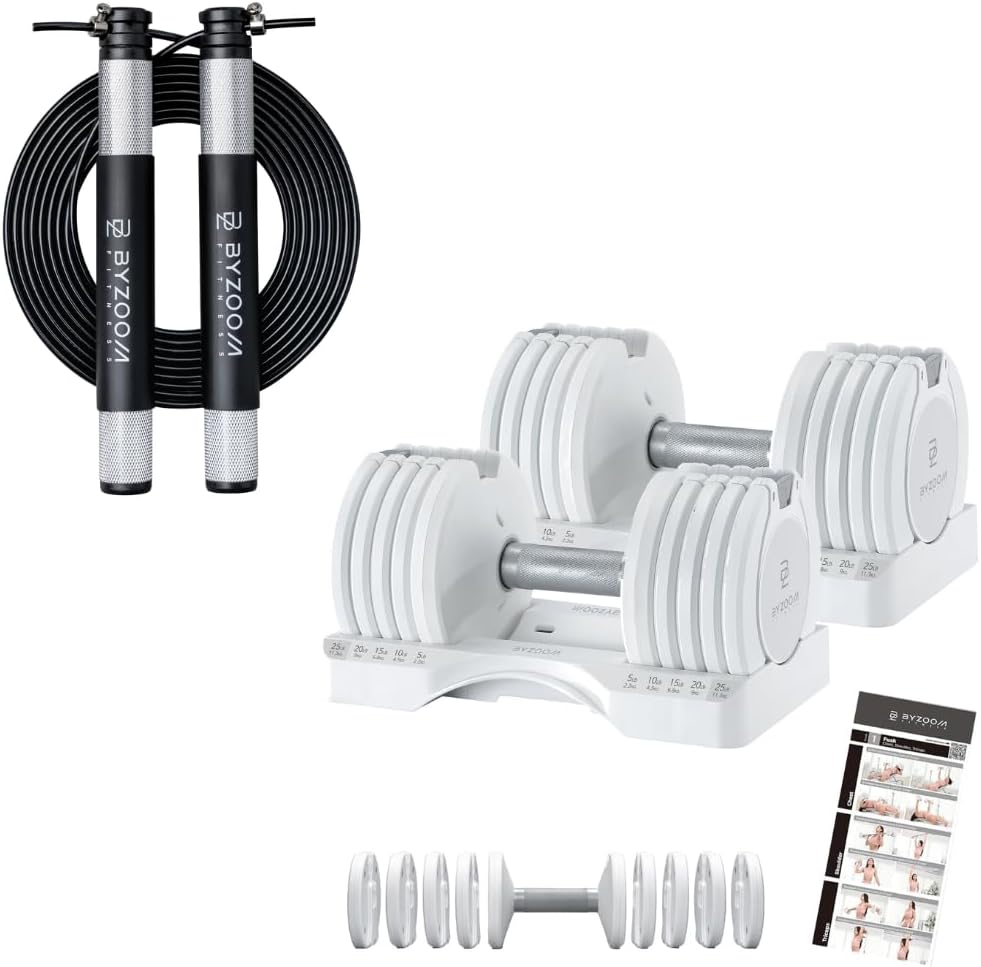 BYZOOM FITNESS Adjustable Dumbbell/ 25LB Pair White and Jump Rope/Black Set for Home Gym Workout