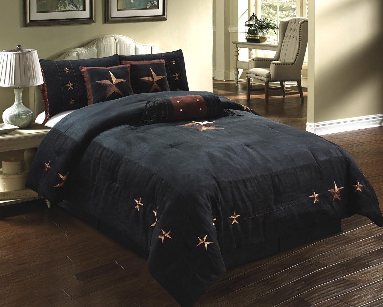 Grand Linen 7 Piece Western Decor Lodge Oversize King (110'X96') Comforter Set Black/Dark Brown - Embroidered Lone Star Barbed Wire Micro Suede Bedding