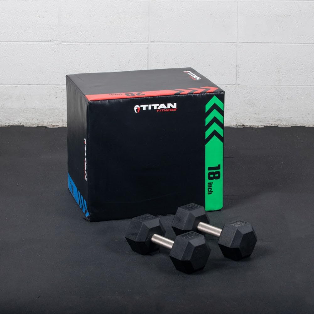 Titan Fitness Free Weights, Rubber Coated Hex Dumbbell, Straight Stainless Steel Handle, Strength Training, Full Body Workout