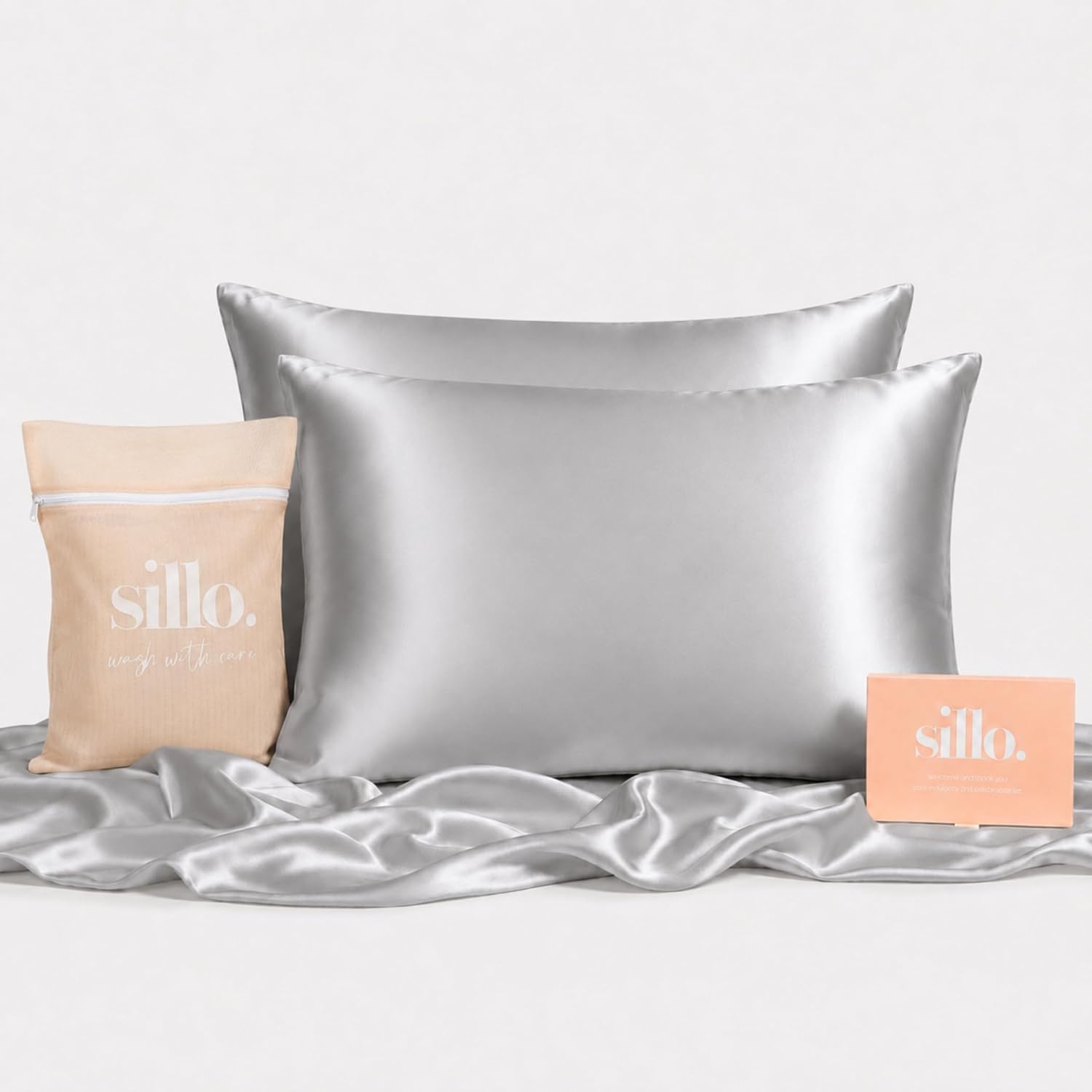 Sillo Silk Pillow Cases 2 Pack - 22 Momme Mulberry Silk Pillowcases for Hair and Skin, Anti Acne Pillow Case, Hypoallergenic Silver-Infused, Envelope Closure, King (Silver)