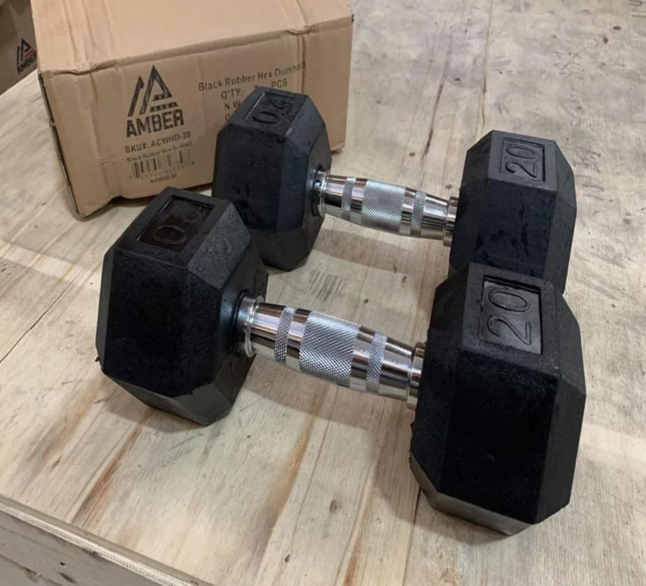 Barbell Rubber encased Hex Dumbbell Weights with Metal Handles for Strength Training, Full Body Workout. Sold as a Pairs