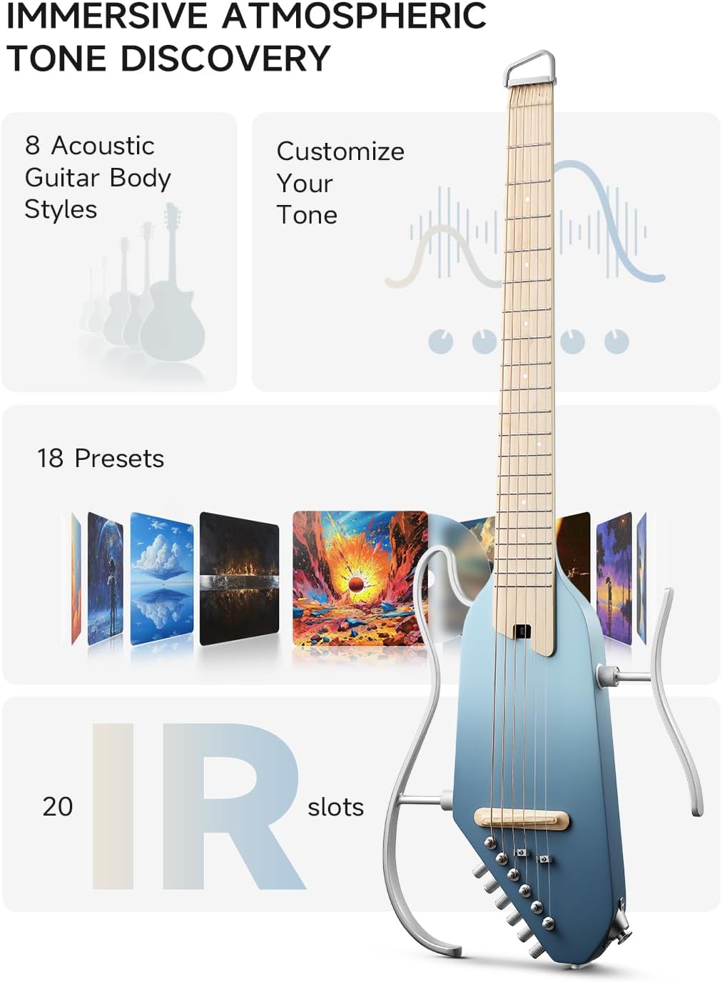 Donner Acoustic Electric Guitar HUSH I PRO Travel Guitar with Multiple Effect Modes Smart Guitarra Kit of Earphone, Gig Bag, Strap, Charging Cable, Hawaiian Blue