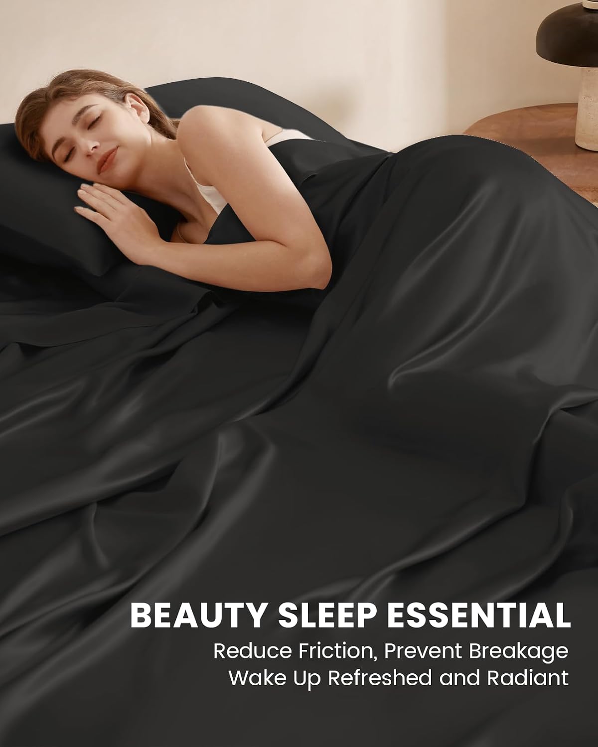 THXSILK Silk Sheet Set 5 Pcs, Split King Size Sheet Set, Soft Breathable Cooling Bed Sheets with 2 Flat Sheets, 1 Fitted Sheet, 2 Pillowcases with Zipper Closure, Black