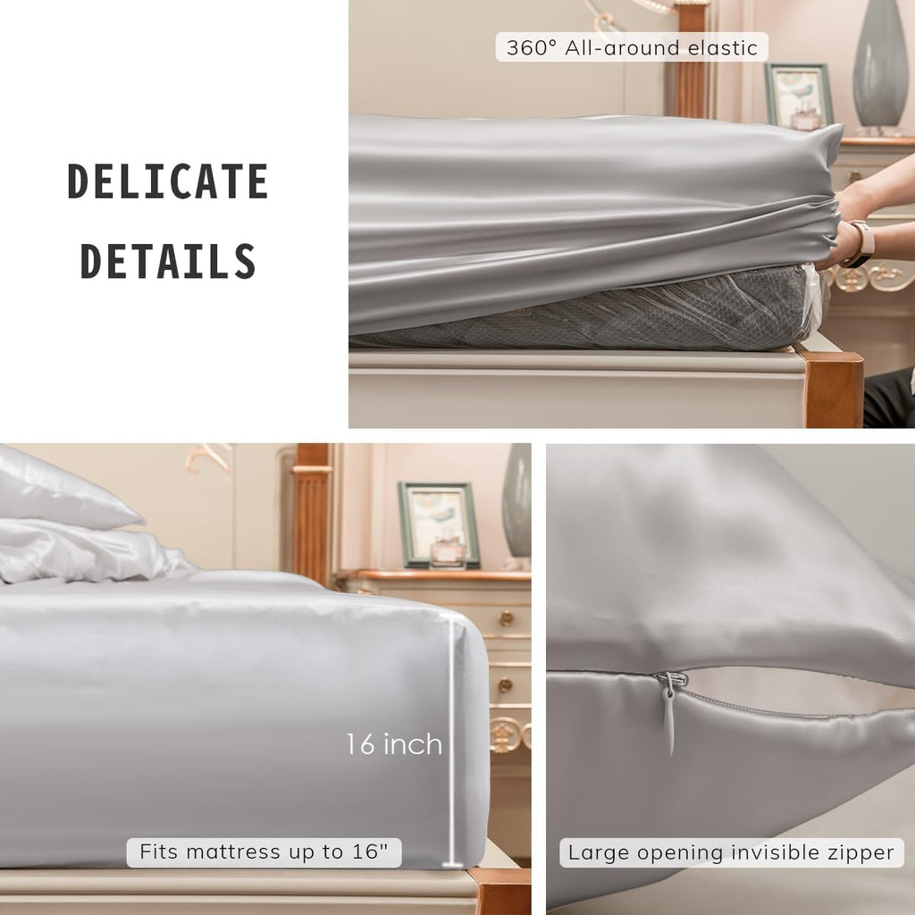 PROMEED Grade 6A Silk Queen Bed Sheets Set with Deep Pocket Fitted Sheet and Pillowcase, Both 23 Momme Mulberry Silk, 3 Piece Bedding Set (Light Grey, Queen)