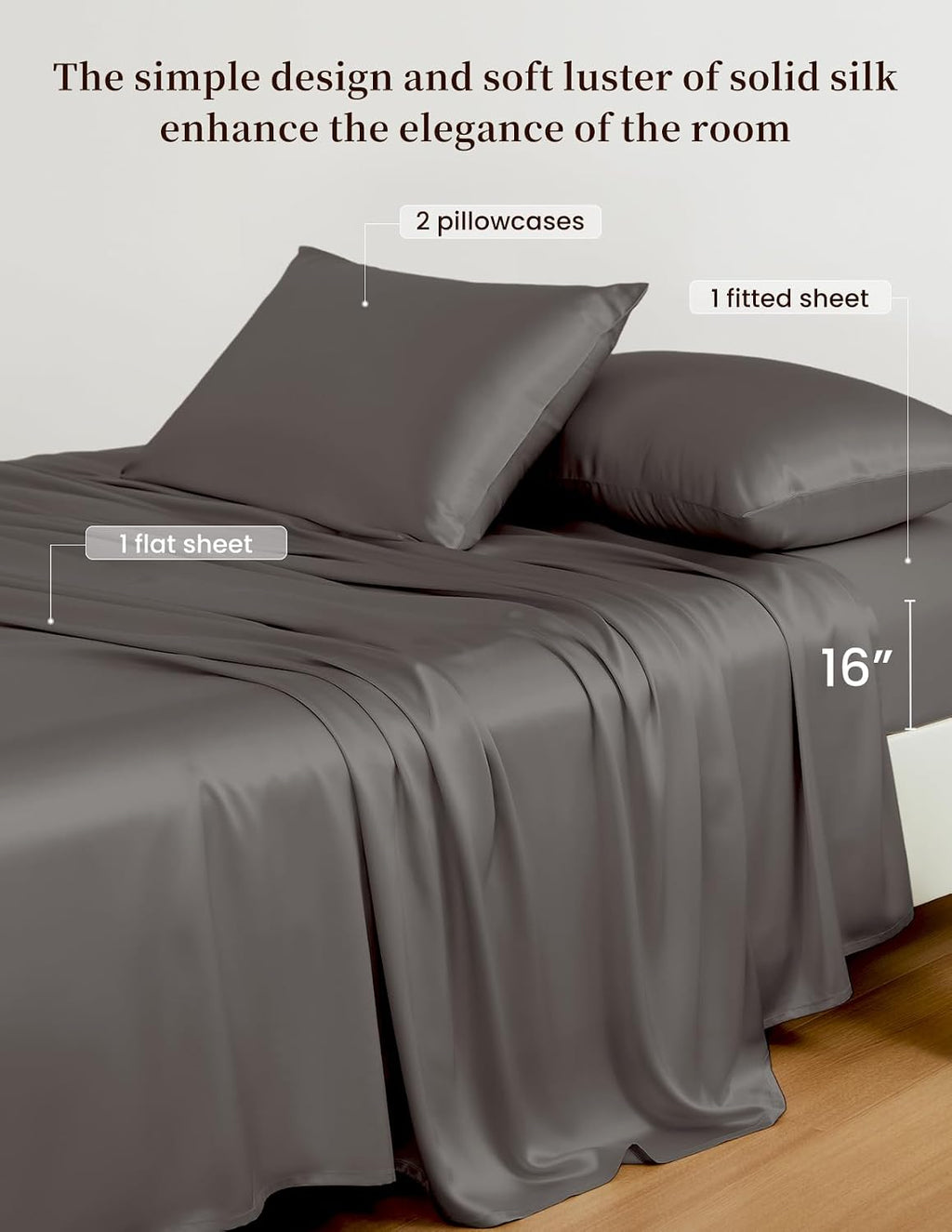 THXSILK 100% Mulberry Silk Bed Sheets Set - 4pcs Pure Silk Sheets Set - Flat Sheet, 16' Deep Pocket Fitted Sheet, 2 Pack Silk Pillowcase with Zipper Closure - Queen Size, Dark Grey