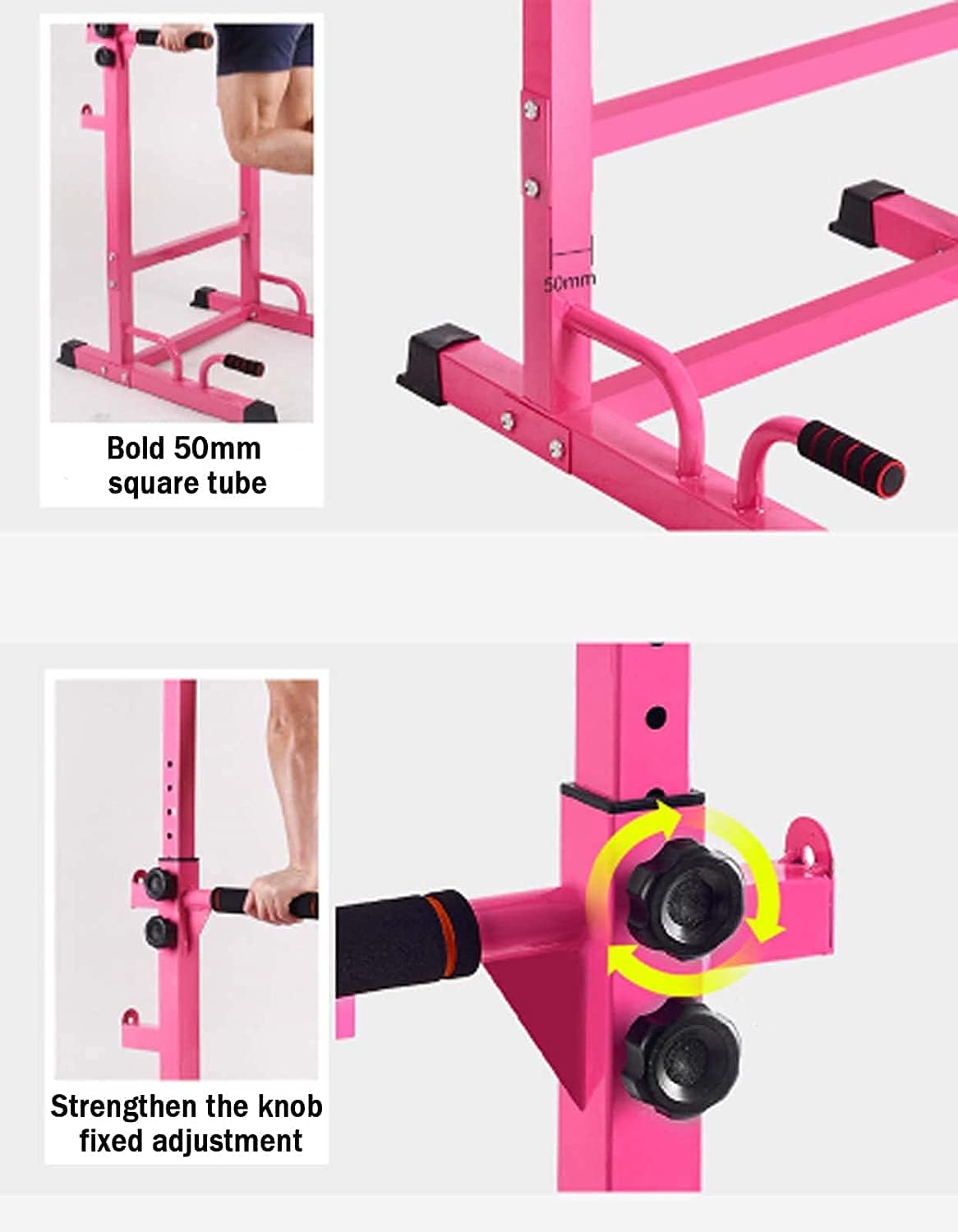 Multi Pull Up Bar Dip Station Power Tower Exercise Equipment Fitness Workout Station for Home Gym Can Be Used with Barbells and Dumbbell Benches Adjustable Height Pink