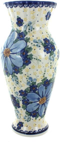 Blue Rose Polish Pottery - Blue Daisy Surprise Tall Vase - 11' Tall - Ceramic Flower Vase, Decorative Floral Design for Table, Shelf or Mantel Décor