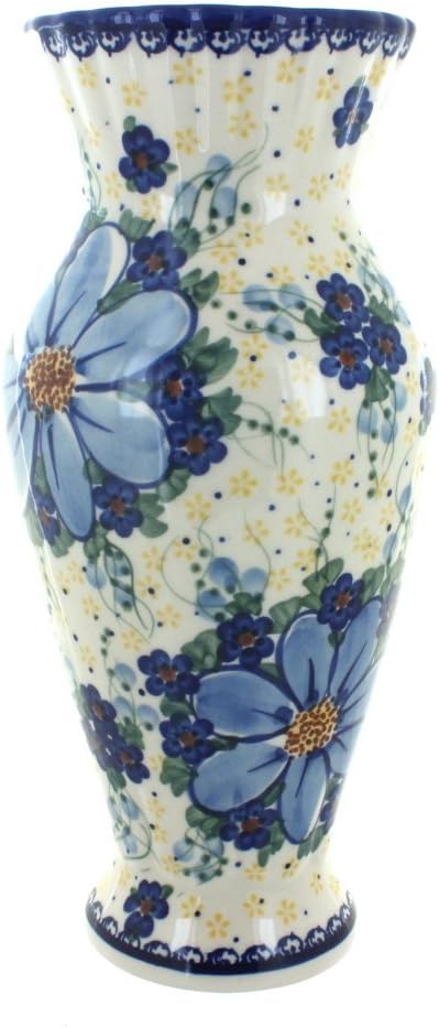 Blue Rose Polish Pottery - Blue Daisy Surprise Tall Vase - 11' Tall - Ceramic Flower Vase, Decorative Floral Design for Table, Shelf or Mantel Décor