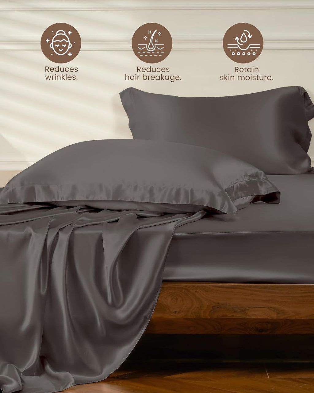 THXSILK 4pcs Silk Bed Sheets Set, 25 Momme Mulberry Silk Bedding Set, Sheets and Pillowcase Set, Extremely Soft and Luxurious (Charcoal, King)