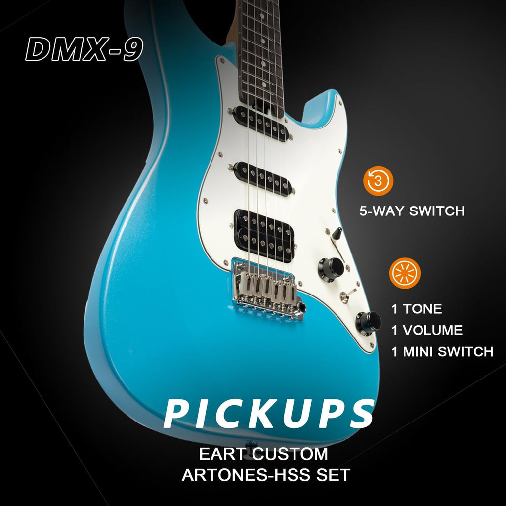 EART Electric Guitar DMX-9, 6 String Tremolo Bridge, Humbucker Pickups, Solid Body, 5-Way Switch Guitars (Gloss Pearl Blue)