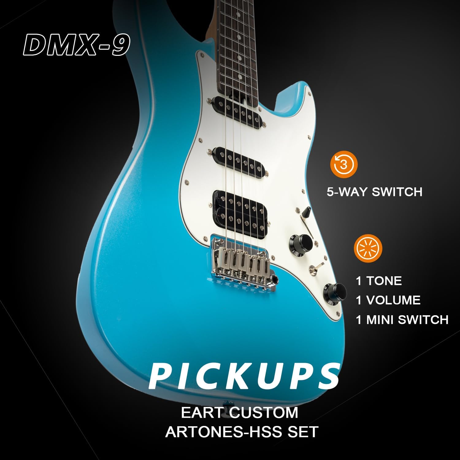 EART Electric Guitar DMX-9, 6 String Tremolo Bridge, Humbucker Pickups, Solid Body, 5-Way Switch Guitars (Gloss Pearl Blue)