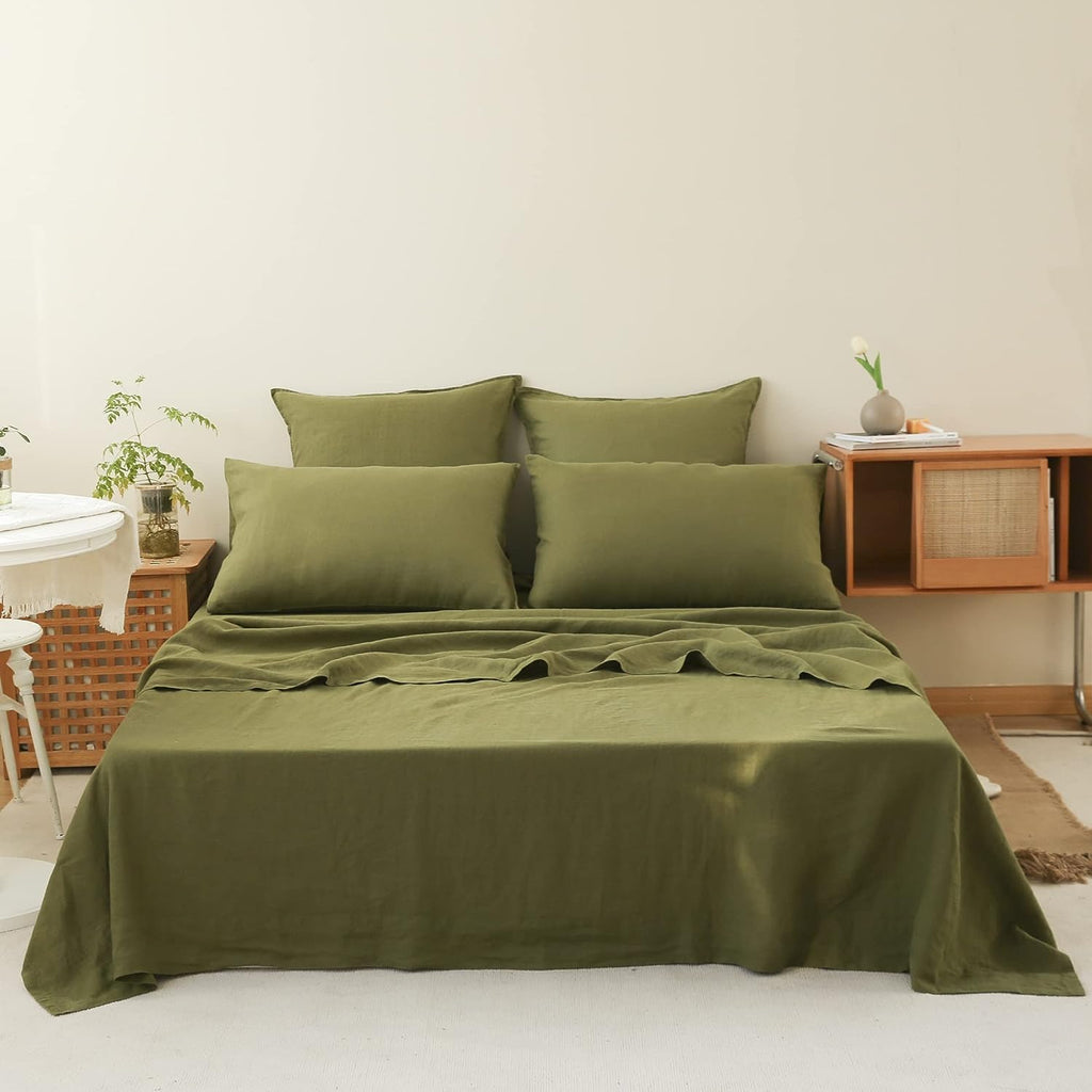 Simple&Opulence 100% Linen Sheet Set 3pcs Basic Style, Deep Pocket, Natural French Washed Flax Solid Color Soft Breathable Bed Sheets - Olive Green, Twin