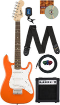 Fender Squier 3/4 Size Kids Mini Strat Electric Guitar Learn-to-Play Bundle w/ Amp, Cable, Tuner, Strap, Picks, Fender Play Online Lessons, and Austin Bazaar Instructional DVD - Competition Orange