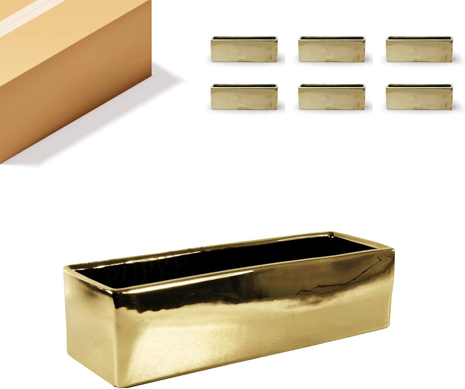 WGVI Long Rectangle Ceramic Planter Vase in Gold 12' x 4' x 4'H, Block Rectangular Terrarium Box Pot, Flower Arrangement, Table top Centerpiece, Home Decor Organization Storage Container, 6 Pcs.