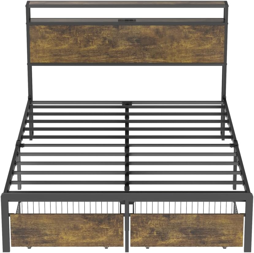 Queen Bed Frame with LED Lights and Charging Station - Robust Metal Wood Construction, Rustic Wood Platform Bed Frame with 2 Drawers, No Box Spring Needed, Noise Free, Vintage Brown, Easy Assemble